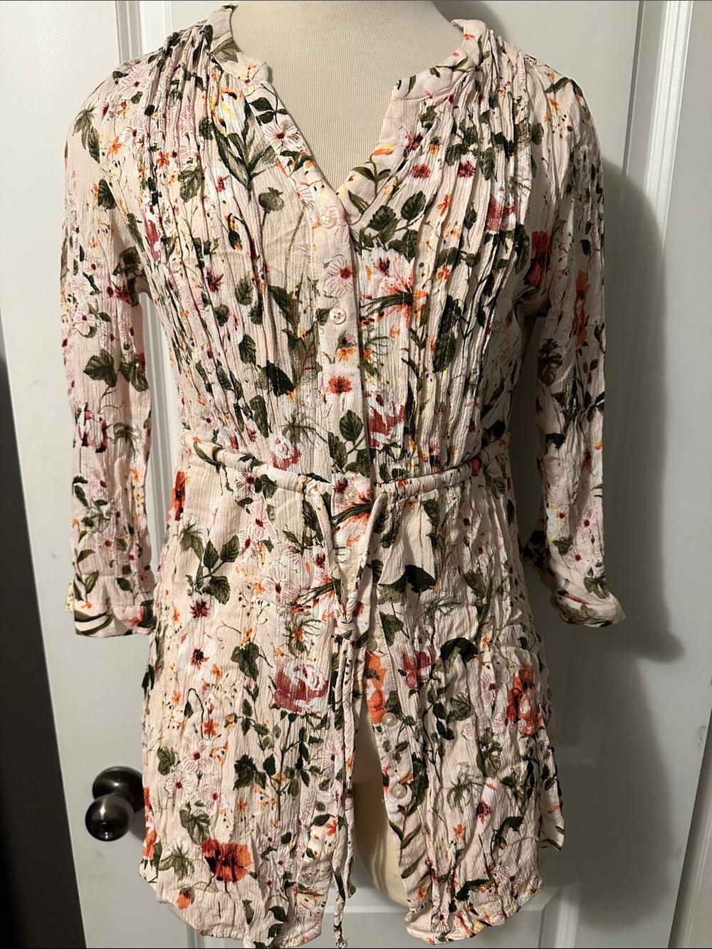 Hilary Radley Cream Floral Long-Sleeve Tunic with Green & Pink Blooms